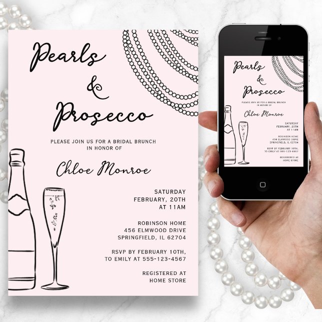 Pearls & Prosecco Modern Blush Pink Bridal Brunch Invitation (Creator Uploaded)