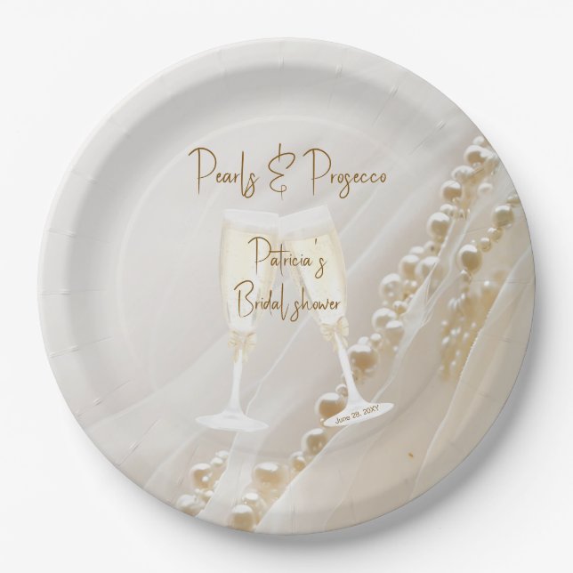 Pearls & Prosecco Modern Elegant Bridal Shower Paper Plates (Front)