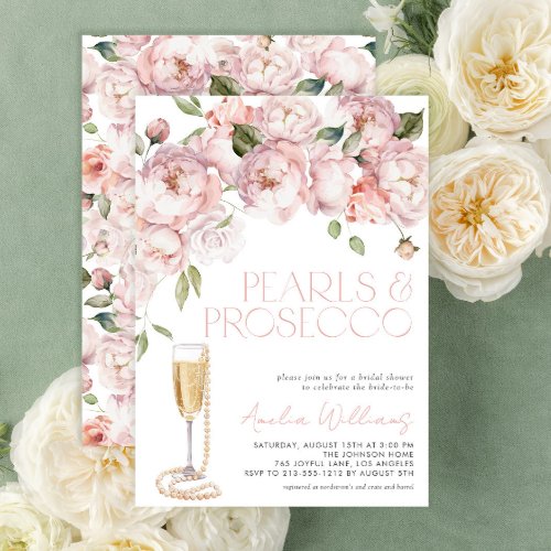 Pearls  Prosecco Modern Pink Floral Bridal Shower Invitation