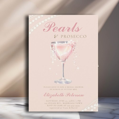 Pearls Prosecco Peach Pink Bubbly Bridal Shower Invitation