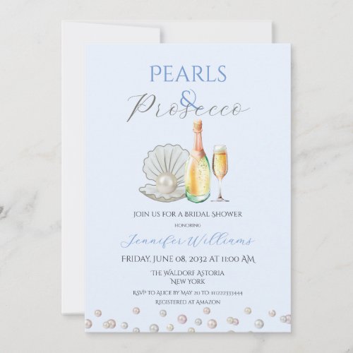 Pearls Prosecco Pearlcore Blue Bridal Shower Invitation