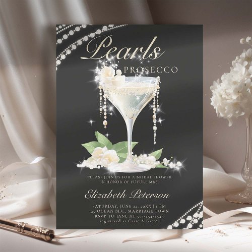 Pearls Prosecco Petals Black Elegant Bridal Shower Invitation