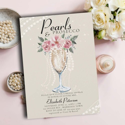 Pearls Prosecco Petals Ivory Brunch Bridal Shower Invitation