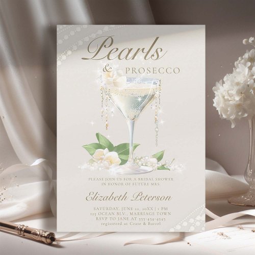 Pearls Prosecco Petals Ivory Elegant Bridal Shower Invitation