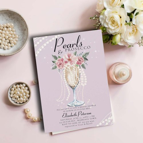 Pearls Prosecco Petals Lilac Brunch Bridal Shower Invitation