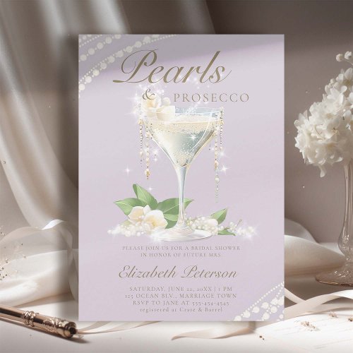 Pearls Prosecco Petals Lilac Elegant Bridal Shower Invitation