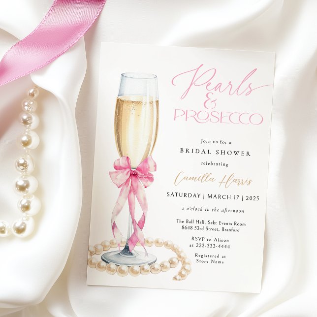 Pearls & Prosecco Pink Bow Bridal Shower Invitation (Creator Uploaded)