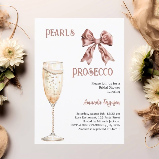 Pearls Prosecco pink bow Bridal Shower Invitation (Creator Uploaded)