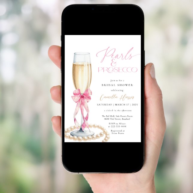 Pearls & Prosecco Pink Bow Bridal Shower Invitation (Front Digital)