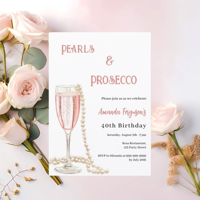 Pearls Prosecco pink bubbles birthday  Invitation (Creator Uploaded)
