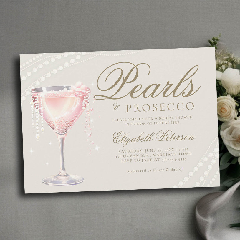 Pearls Prosecco Pink Bubbly Ecru Bridal Shower Invitation