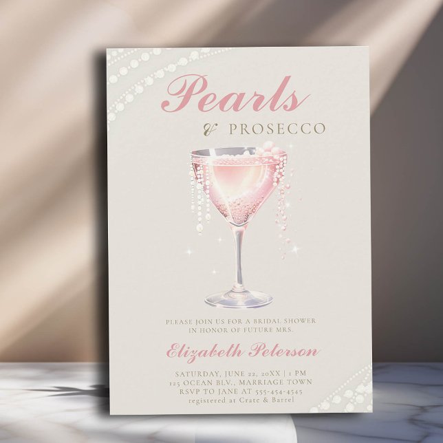 Pearls Prosecco Pink Bubbly Ivory Bridal Shower Invitation (pearls and prosecco bridal shower invitation pink bubbly ivory gold calligraphy elegant classic )