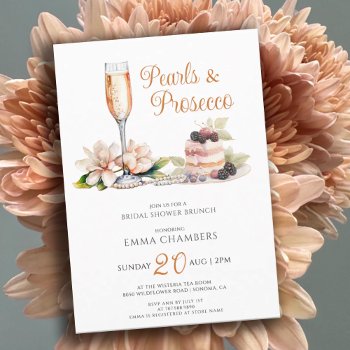 Pearls Prosecco Pink Cake Bridal Shower Brunch Invitation by BodyEnglish at Zazzle