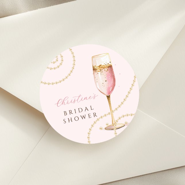Pearls Prosecco Pink Gold Bridal Shower Classic Round Sticker (Creator Uploaded)