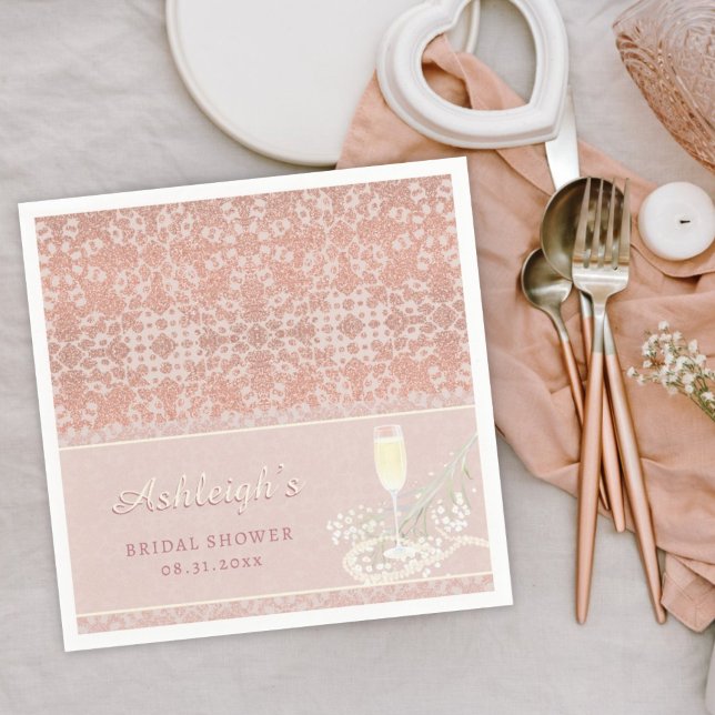 Pearls & Prosecco Rose Gold & Blush Bridal Shower Napkins (Creator Uploaded)