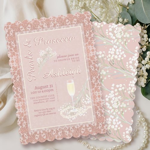 Pearls  Prosecco Rose Gold Blush QR Bridal Shower Invitation