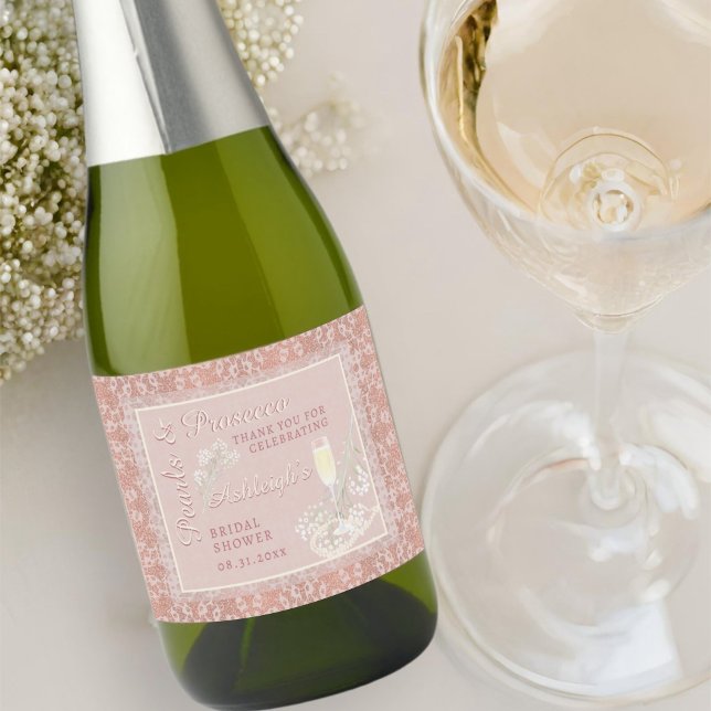 Pearls & Prosecco Rose Gold Bridal Shower Favor Sparkling Wine Label (Creator Uploaded)