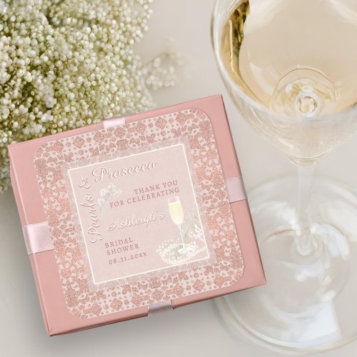 Pearls  Prosecco Rose Gold Bridal Shower Favor Square Sticker