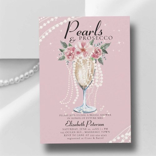 Pearls Prosecco Roses Pink Blush Bridal Shower Invitation