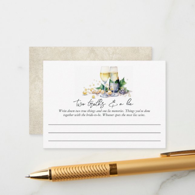 Pearls & Prosecco "Two Truths & a Lie" Bridal Game Enclosure Card (Front/Back In Situ)