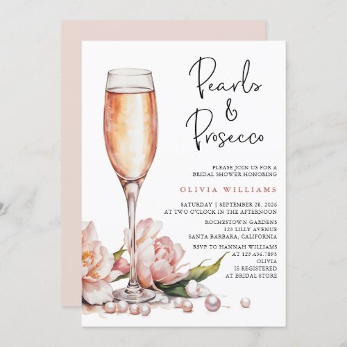 Pearls  Prosecco Watercolor Bridal Shower Invitation