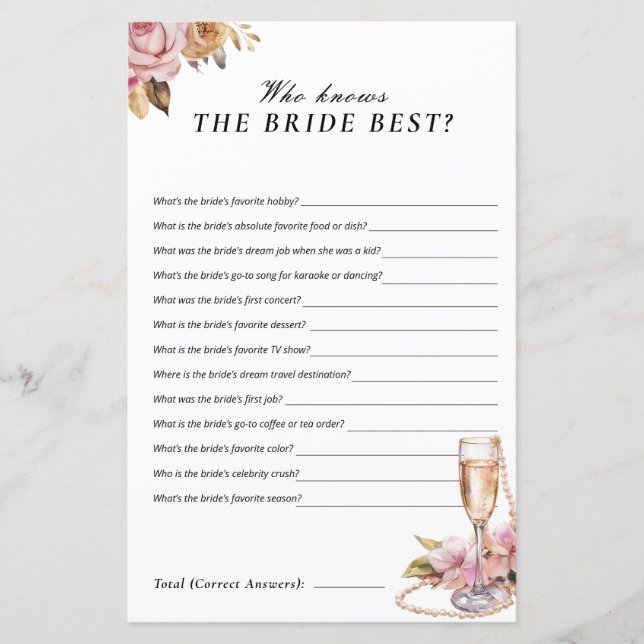 Pearls Prosecco Who Knows the Bride Best Game (Front)