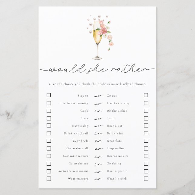 Pearls & Prosecco Would She Rather Bridal Game (Front)