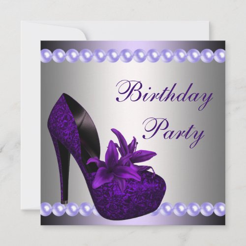 Pearls Purple High Heels Shoes Birthday Party Invites