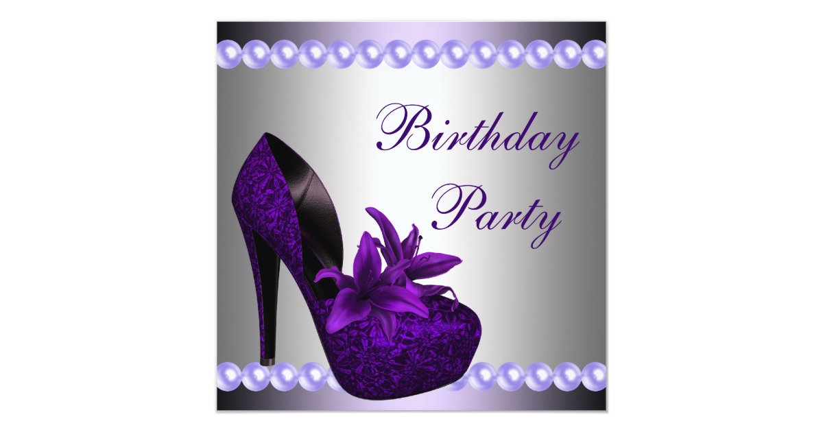 pearls purple high heels shoes birthday party invitation create your own birthday invitation