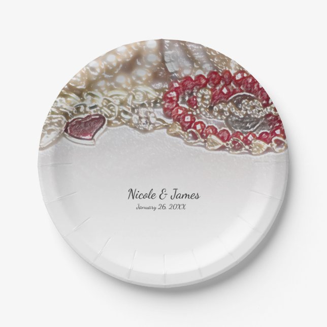 Pearls & Red Valentine Love Jewels Chic Party Paper Plates (Front)
