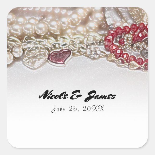 Pearls & Red Valentine Love Jewels Elegant Chic Square Sticker (Front)
