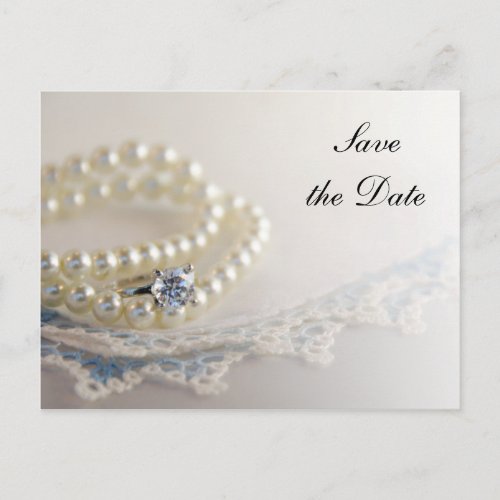 Pearls Ring and Blue Lace Wedding Save the Date Announcement Postcard