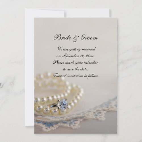 Pearls Ring and Blue Lace Wedding Save the Date Invitation
