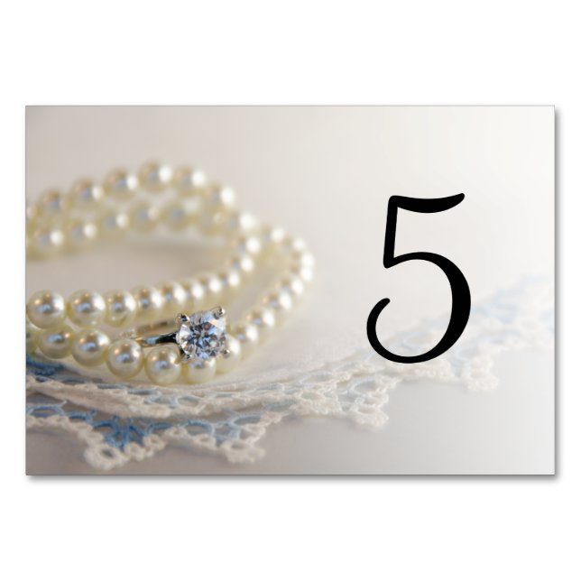Pearls, Ring and Blue Lace Wedding Table Numbers (Front)