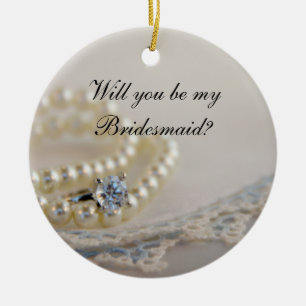 Pearls, Ring Blue Lace Will You Be My Bridesmaid Ceramic Ornament