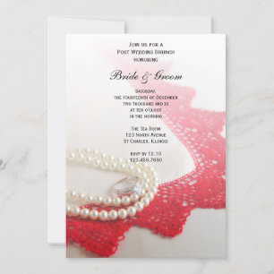 Pearls, Ring, Red Vintage Lace Post Wedding Brunch Invitation