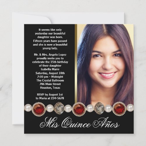Pearls Ruby Red Black Gold Photo Quinceanera Invitation