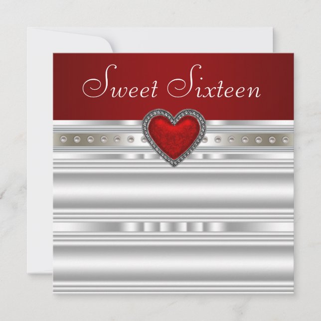 Pearls Ruby Red Heart Sweet Sixteen Birthday Invitation (Front)