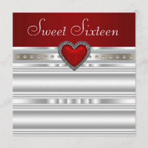 Pearls Ruby Red Heart Sweet Sixteen Birthday Invitation
