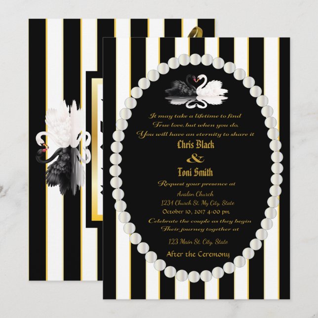 Pearls & Swans Black Striped Wedding Invitation (Front/Back)