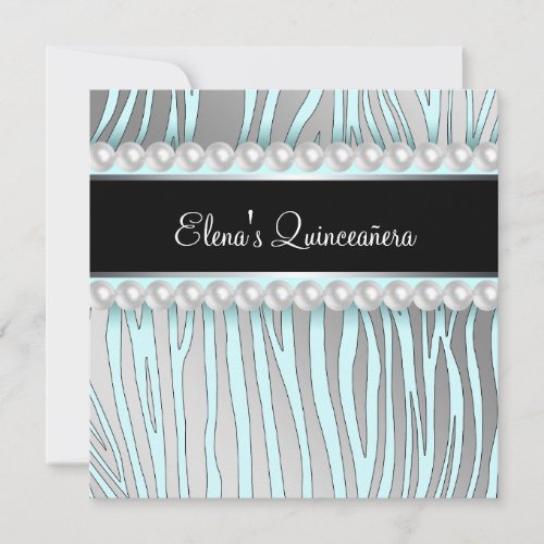 Pearls Teal Blue Zebra Quinceanera Invitations