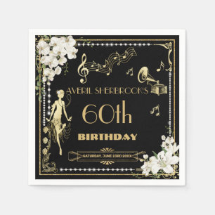 Pearls White Floral Art Deco Gatsby 20s Birthday Napkins