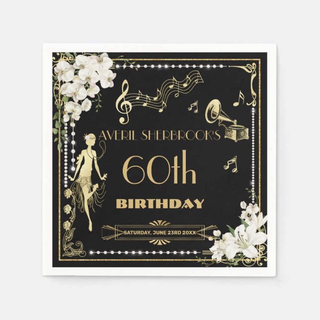 Pearls White Floral Art Deco Gatsby 20s Birthday Napkins (Front)
