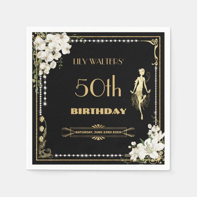 Pearls White Floral Art Deco Gatsby 20s Birthday  Napkins (Front)