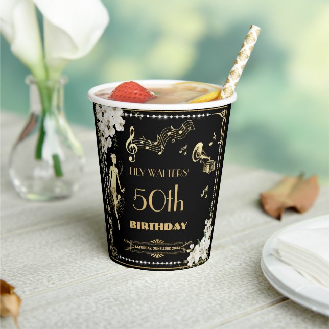 Pearls White Floral Art Deco Gatsby 20s Birthday Paper Cups (Insitu)
