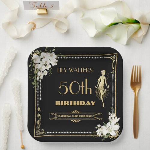 Pearls White Floral Art Deco Gatsby 20s Birthday  Paper Plates