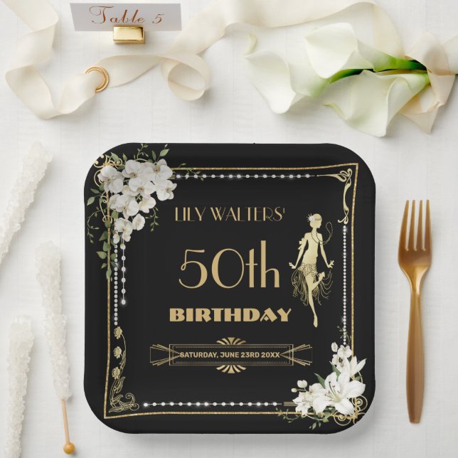 Pearls White Floral Art Deco Gatsby 20s Birthday  Paper Plates (Wedding)