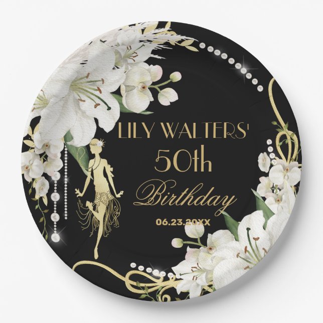 Pearls White Floral Art Deco Gatsby 20s Birthday  Paper Plates (Front)