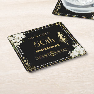 Pearls White Floral Art Deco Gatsby 20s Birthday  Square Paper Coaster