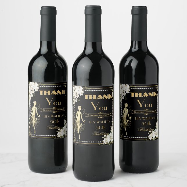 Pearls White Floral Art Deco Gatsby 20s Birthday  Wine Label (Bottles)